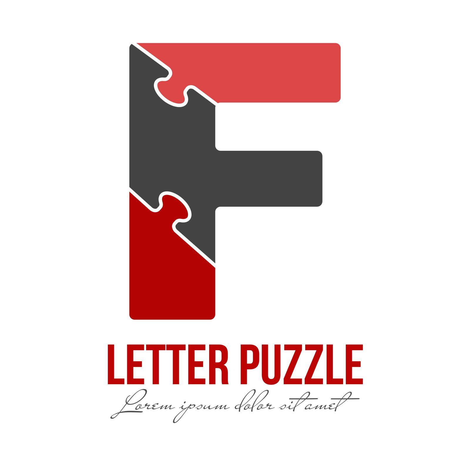 Letter F is made up of puzzles. Vector illustration for logo, brand logo, sticker or scrapbooking, for education by Grommik