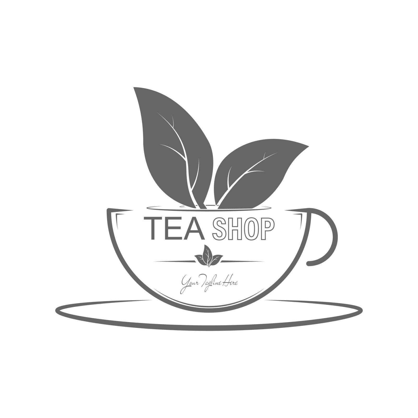 Logo for a tea shop. A cup of tea with tea leaves for a creative sticker or corporate design, for menu decoration by Grommik