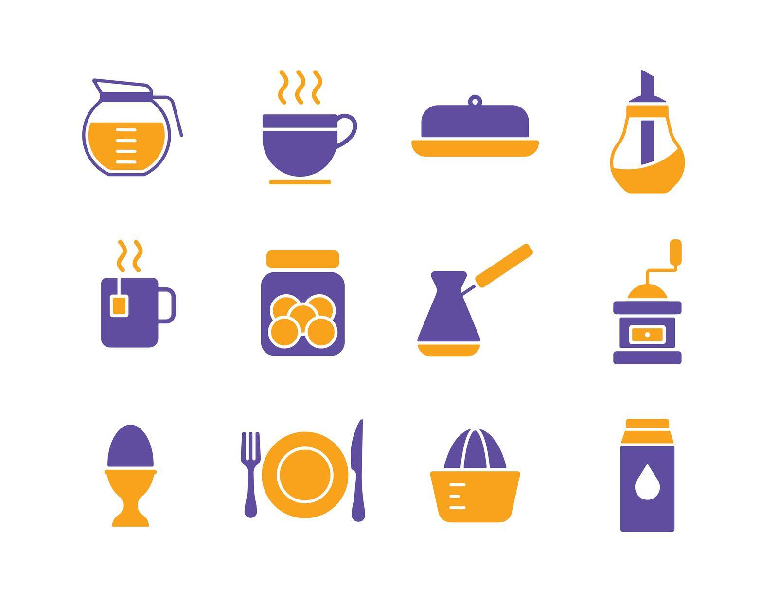 Breakfast and kitchen vector icon glyph set. Graph symbol for cooking web site and apps design, logo, app, UI
