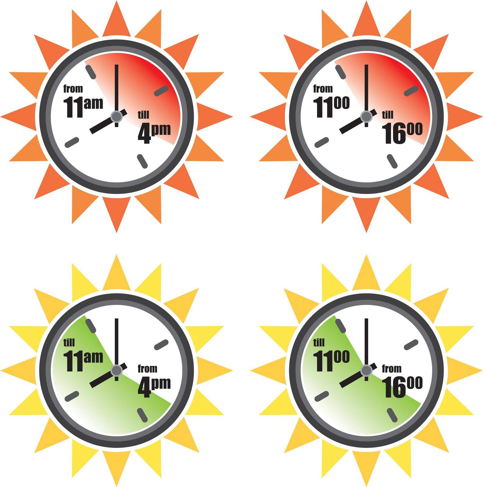 Safe and dangerous sun hours for sunbathing icon set. Vector illustration