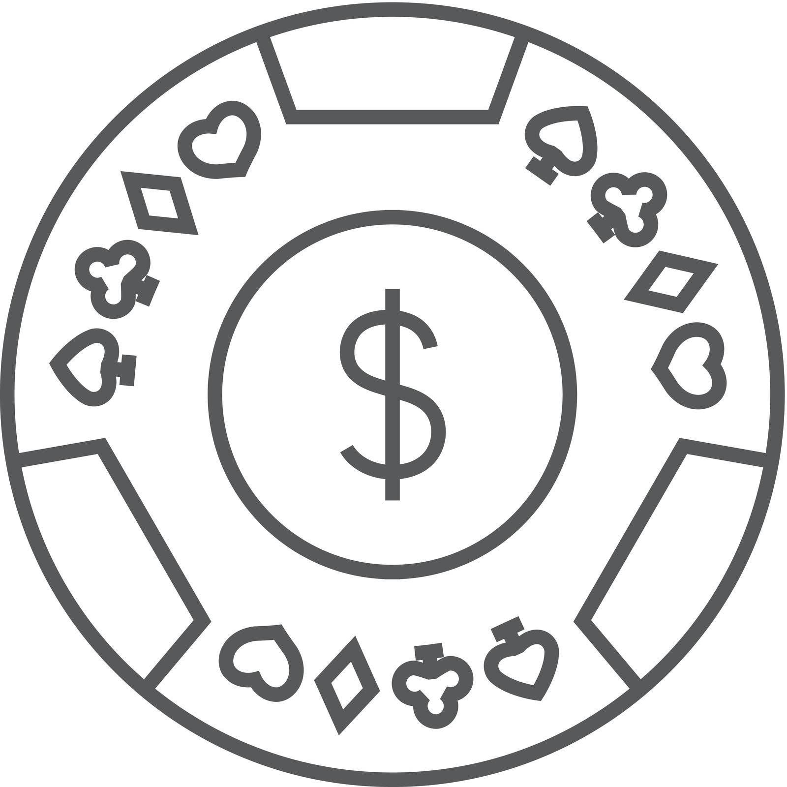 Gambling coin icon in thin outline style. Leisure activity bet chance roulette jackpot