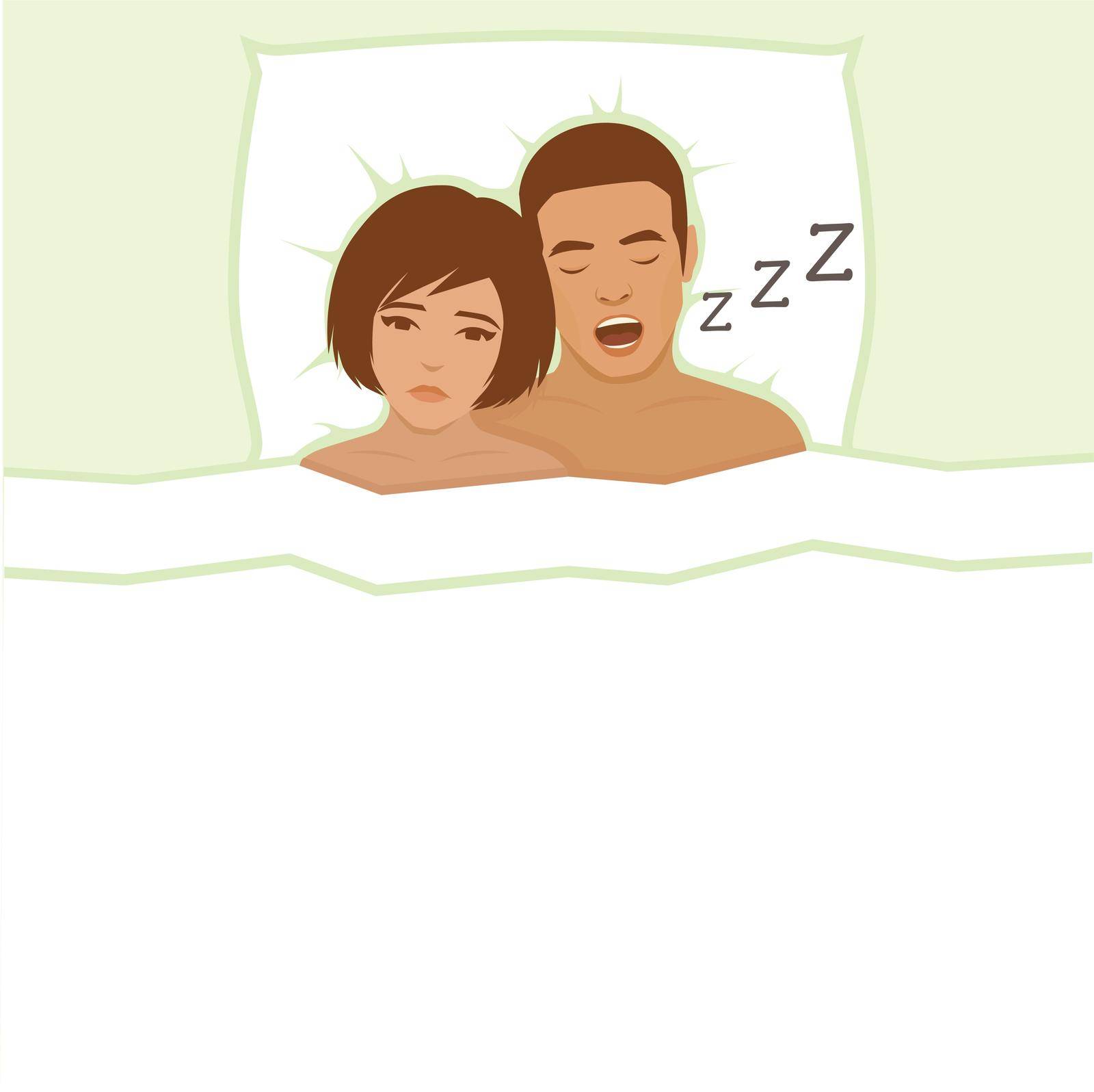 Snoring man. Couple in bed, man snoring and woman can not sleep