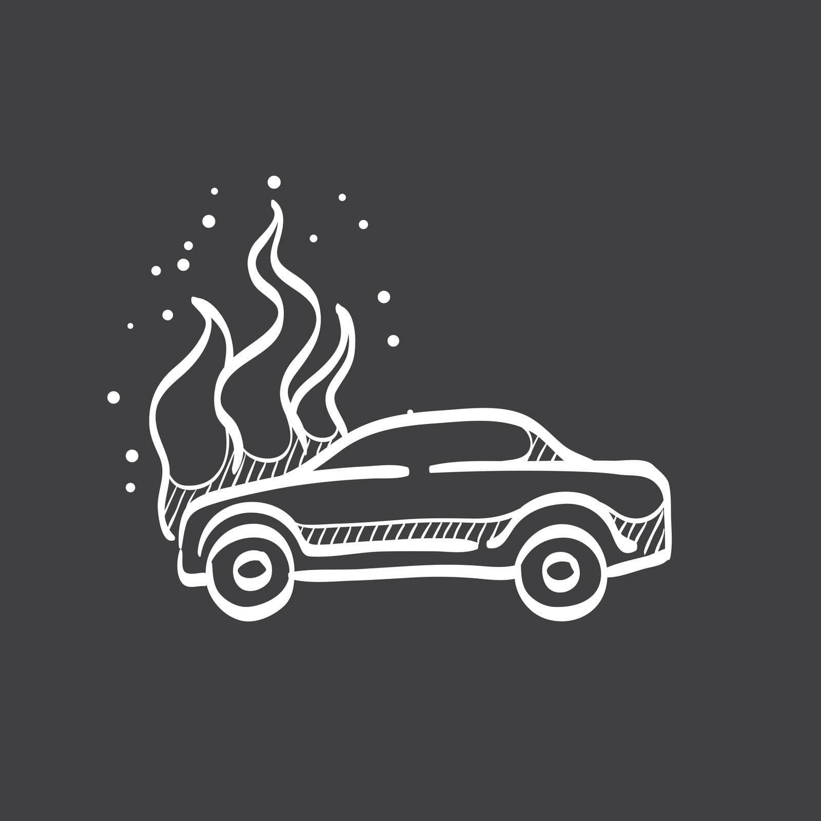 Car on fire icon in doodle sketch lines. Automotive transportation accident accident burned insurance claim